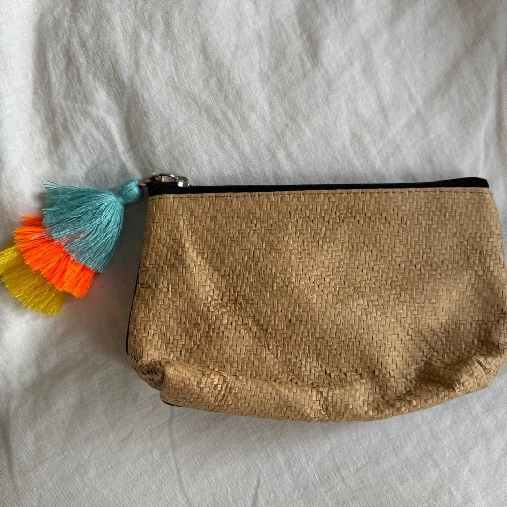 Woven Tan Clutch Cosmetic Pouch - Colorful Tassel Pom Pom / Toiletry bag